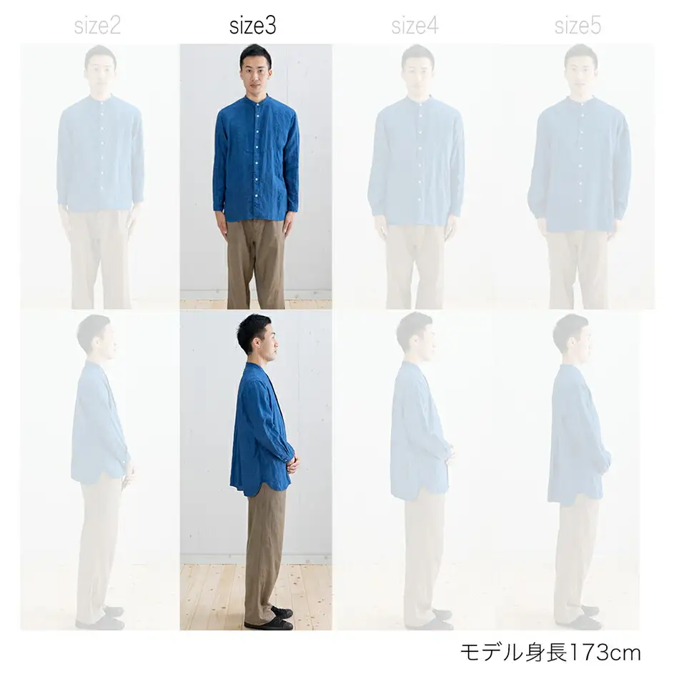 リネンシャツ ユニセックス 手染め リネン 切替シャツ サイズ3 INDIGO （藍染） シャツ 天然染料 AO025