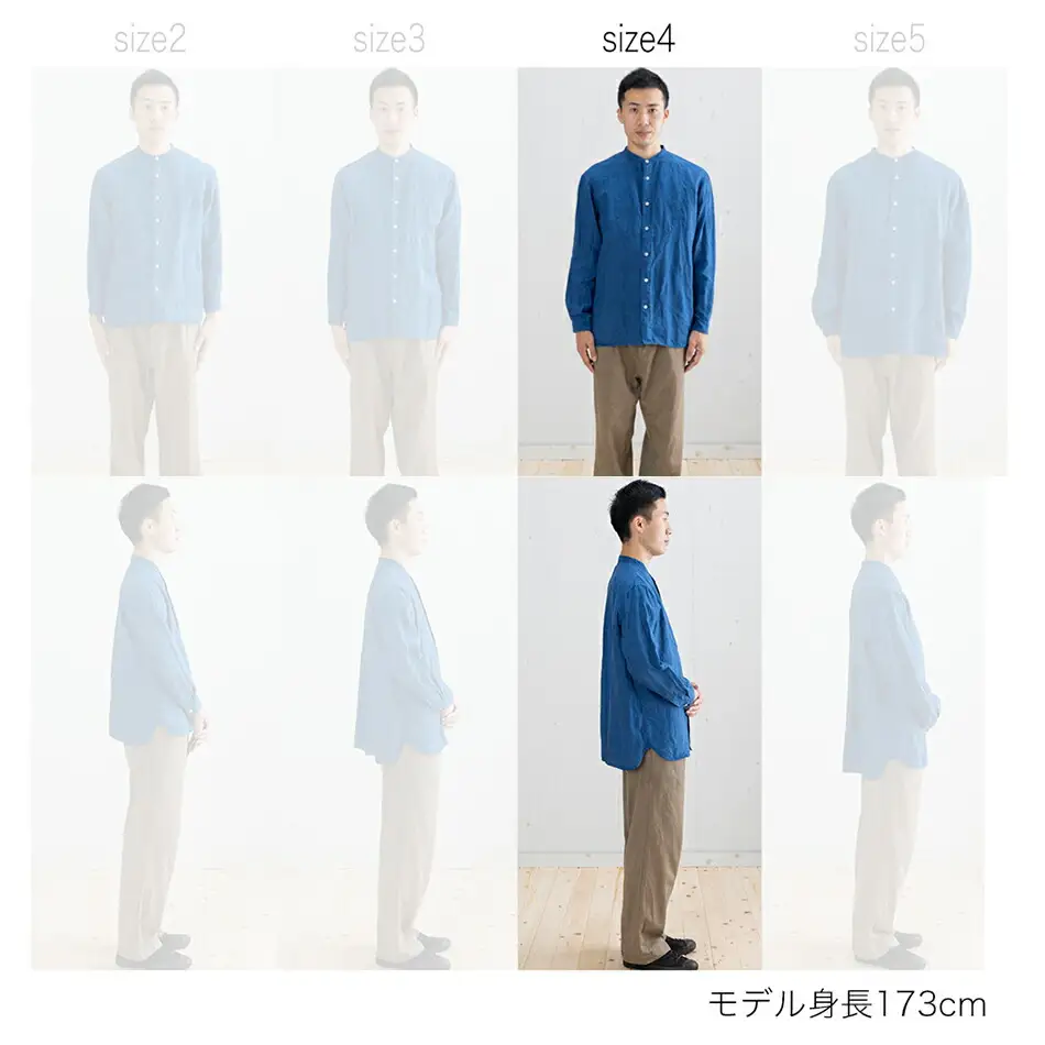 リネンシャツ ユニセックス 手染め リネン 切替シャツ サイズ4 INDIGO （藍染） シャツ 天然染料 AO027
