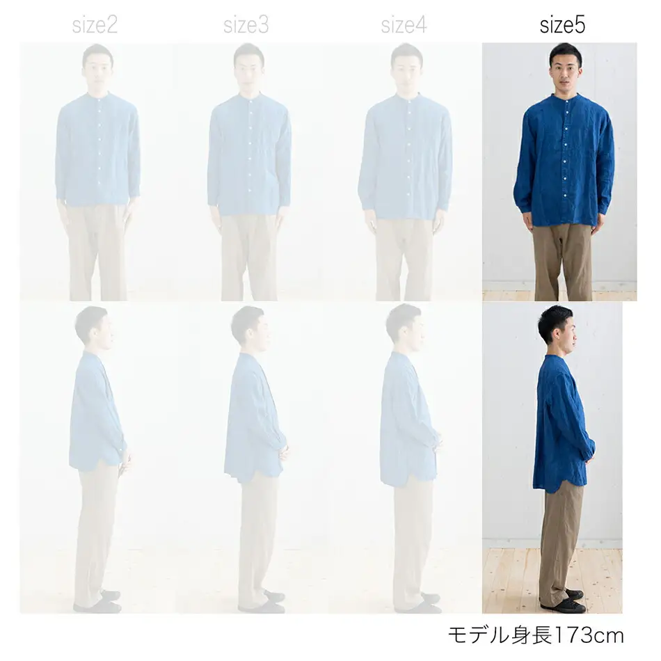 リネンシャツ ユニセックス 手染め リネン 切替シャツ サイズ5 INDIGO （藍染） シャツ 天然染料 AO029