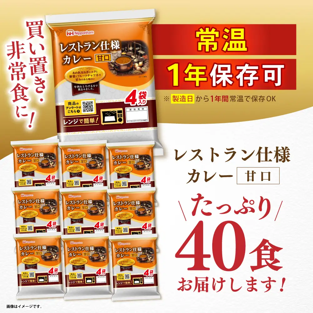 【小分け】【内袋のままレンジ調理可】日本ハム レストラン仕様カレー甘口10パックセット(1パック4袋入り)計40食分/ カレー かれー レトルト 牛肉 小分け / 諫早市 / 日本ハムマーケティング株式会社 [AHAL004]