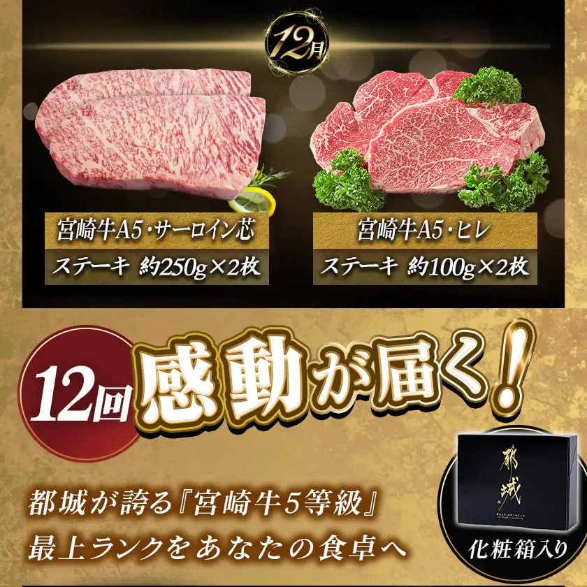 特選(A5)宮崎牛の贅を味わう（12ヶ月定期便）〔TAH12-0102〕_(都城市) 宮崎牛 5等級 12ヶ月定期便 サーロイン芯スライス モモスライス シャトーブリアンステーキ 特上モモステーキ ロース焼肉用 ヒレステーキ