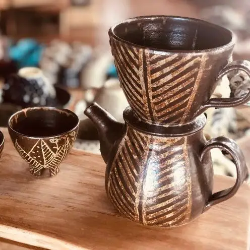 ＜南陶窯＞コーヒードリッパーセット【灰釉・線紋】 ☆ 陶器 やちむん 沖縄 伝統工芸品 珈琲 週末の楽しみ オシャレ コレクション アジアンテイスト ポット 新生活