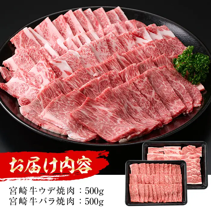 宮崎牛 焼肉2種(ウデ・バラ)(合計1kg・各500g×2)国産 宮崎県産 宮崎牛 牛肉 焼肉 炒め物 国産 A4 ウデ肉 バラ肉【MI007】【(株)ミヤチク宮崎加工センター】