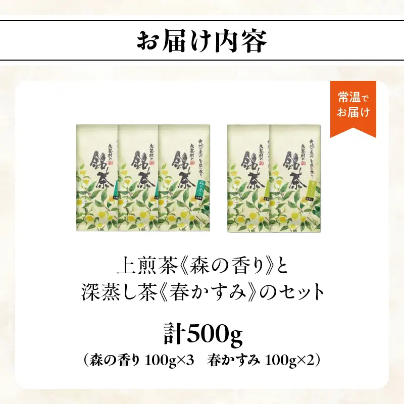 【八女・お茶村】上煎茶《森の香り》と深蒸し茶《春かすみ》のセット　077-002