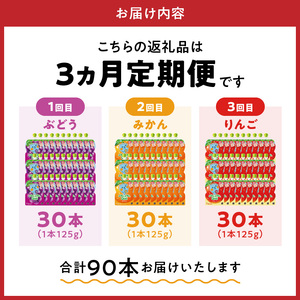 【3ヵ月定期便】ぷるんぷるんQoo　3種類お届け ぶどう みかん りんご 125g 30本 パウチ ジュース 凍らせてもおいしい ゼリー 保存料不使用 合成着色料不使用 飲料 アップル コカ・コーラ おやつ カルシウム 鉄分 ビタミンD 子供 ヘルシー ピクニック 遠足 滋賀県 守山市 送料無料 BB-0040