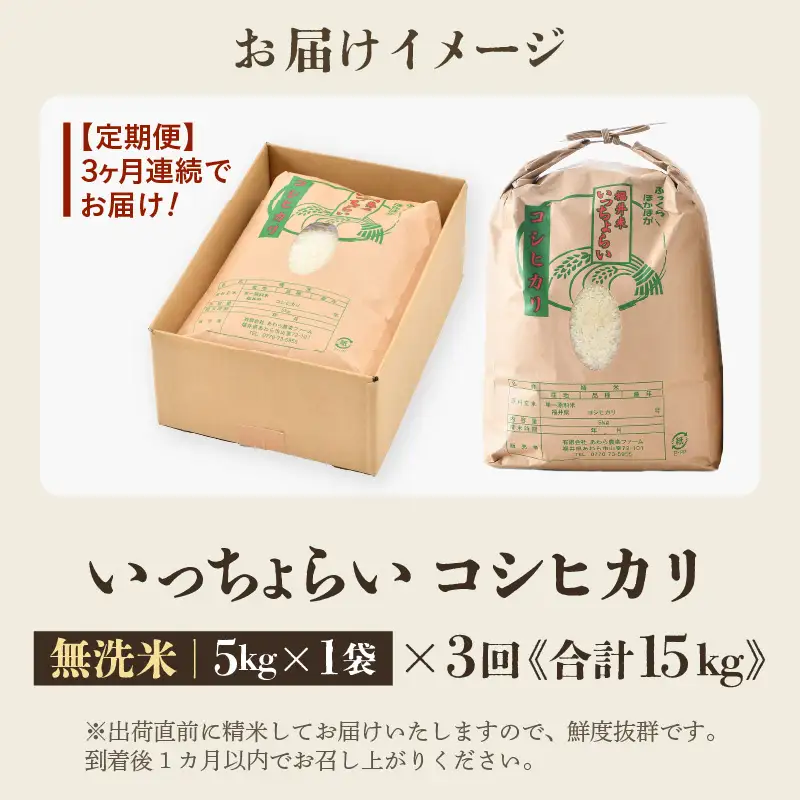 【先行予約】【令和8年産・新米】【一等米】《定期便3回》いっちょらい 無洗米 5kg × 3回（計15kg）／ 福井県産 ブランド米 コシヒカリ ご飯 白米 新鮮 大賞 受賞 ※2026年9月下旬以降順次発送予定 [aw012-b030]