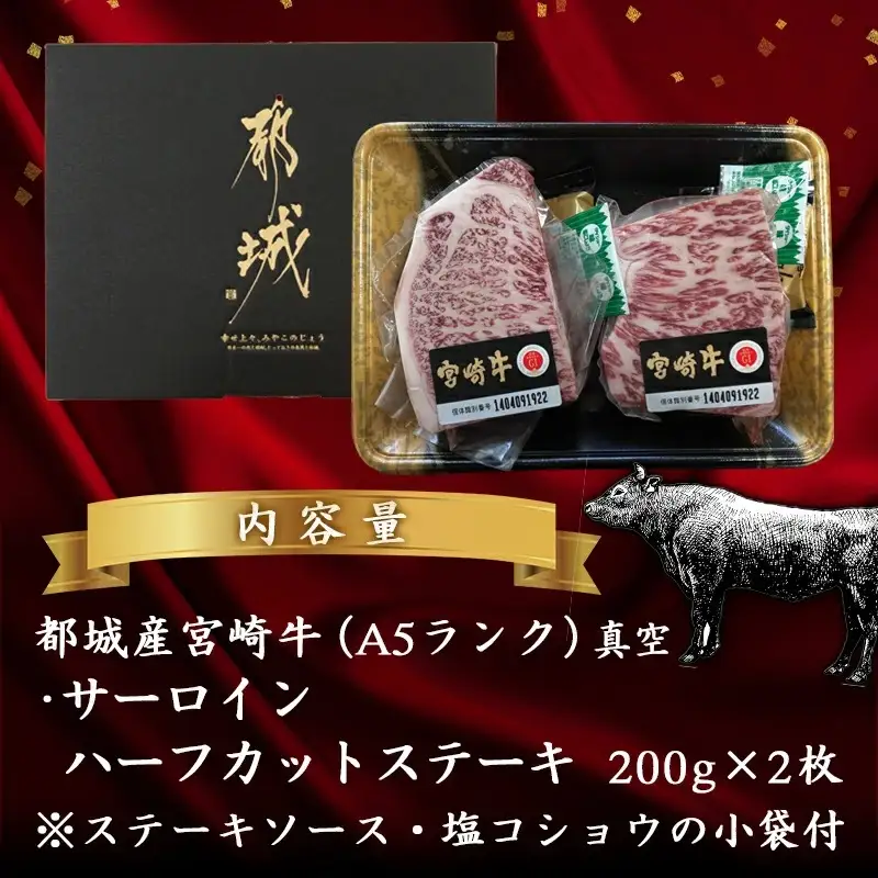 【A5】肉厚!宮崎牛サーロインハーフカットステーキ2枚〔AD-0112〕_(都城市) 最高級A5ランク 宮崎牛サーロインステーキ 200g×2枚 ステーキソース 塩コショウ付 ギフト 贈答用