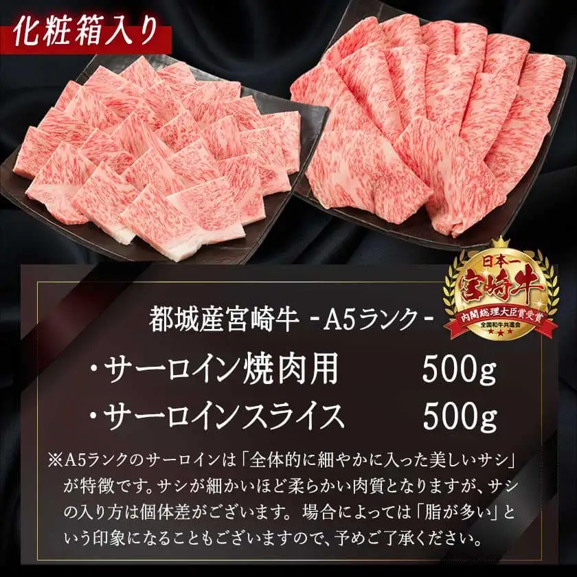 【A5】宮崎牛サーロイン焼肉×スライスギフト1kg【化粧箱入り】〔01-039〕_(都城市) 最高級A5ランク 宮崎牛サーロイン 焼き肉用 サーロインスライス 各500g 化粧箱 牛肉 食べ応え ギフト 贈答用