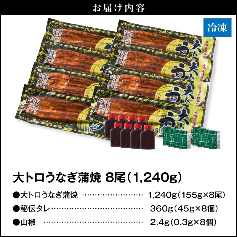 【 土用の丑の日特集 】 1701-2 大人気！鯉家の極上蒲焼「大トロうなぎ蒲焼（8尾）」1240g【国産・手焼き備長炭】 KN040-003 魚 鰻