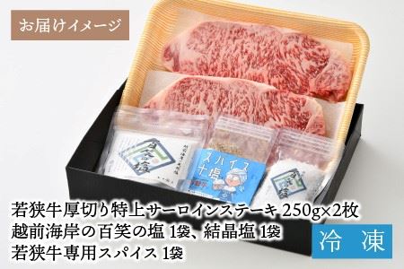 若狭牛 特上サーロインステーキ 250g × 2枚 & 越前海岸の百笑の塩・結晶塩・若狭牛専用スパイス セット [D-1804]
