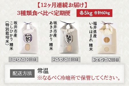 【令和8年産】 定期便 ≪12ヶ月連続お届け≫ 福井県発祥のお米 3種食べ比べ 5kg × 12回 計60kg 【 人気 品種 ブランド米 特A 】 [N-6104]