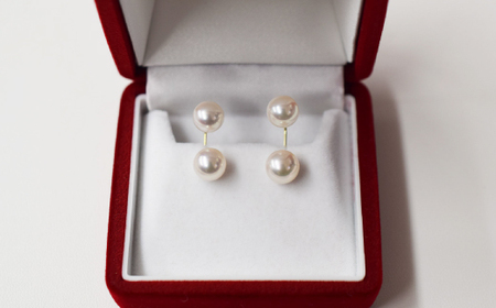 S085-205_天草産 7.5-8mm 18K ホワイト ピンク あこや真珠 ピアス L字 ダブルパールピアス