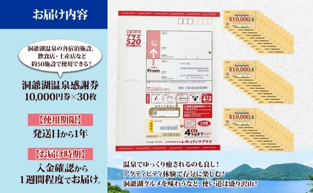 洞爺湖温泉感謝券 300000円 分 金券 クーポン 洞爺湖 湖 温泉 リゾート 有珠山 火山 自然 花火 イルミネーション 旅行 観光 宿泊 施設 北海道 ふるさと納税 絶景 旅 体験 