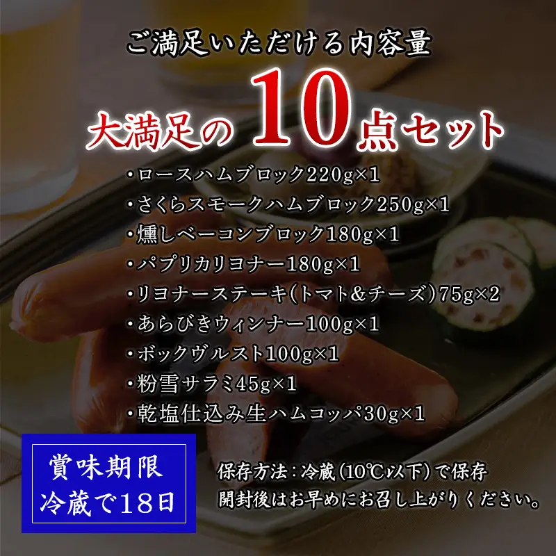 たっぷり10点セット(合計約1.2kg)を冷凍でお届け 希少な粉雪サラミ・ハム・ベーコン・ウィンナーなど