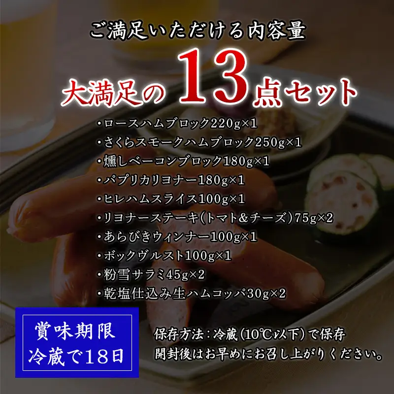 たっぷり13点セット(合計約1.4kg)を冷凍でお届け 希少な粉雪サラミ・ハム・ベーコン・ウィンナーなど