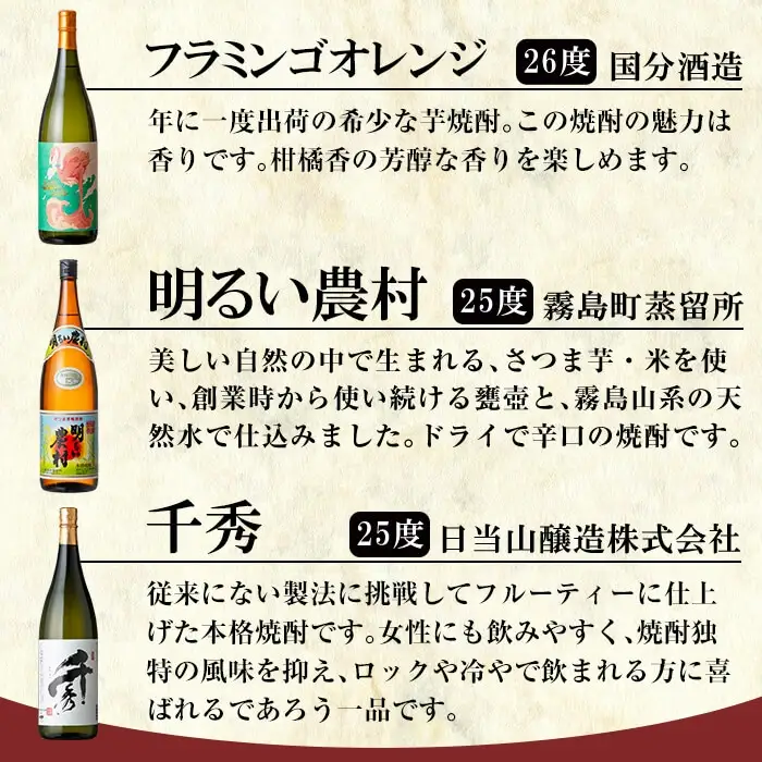 P1-040 【9月30日受付終了】《数量限定》鹿児島本格芋焼酎「佐藤　黒・なかむら・萬膳庵・フラミンゴオレンジ・明るい農村・千秀」各1800ml(一升瓶)6本飲み比べギフトセット【赤塚屋百貨店】霧島市 地酒 いも焼酎 詰め合わせ