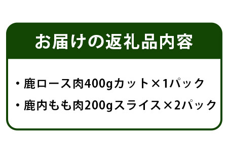 【阿波地美栄】那賀町産鹿肉のステーキ用ロース肉と内もも肉スライスセット 鹿ロース肉400gカット×1Ｐ 鹿内モモ肉200gスライス×2Ｐ[徳島 那賀 国産 徳島県産 しか シカ 鹿 しか肉 シカ肉 鹿肉 精肉 ステーキ用 ロース肉 内モモ肉 スライスセット 赤身肉 ステーキ しゃぶしゃぶ 冷凍]【NH-2】