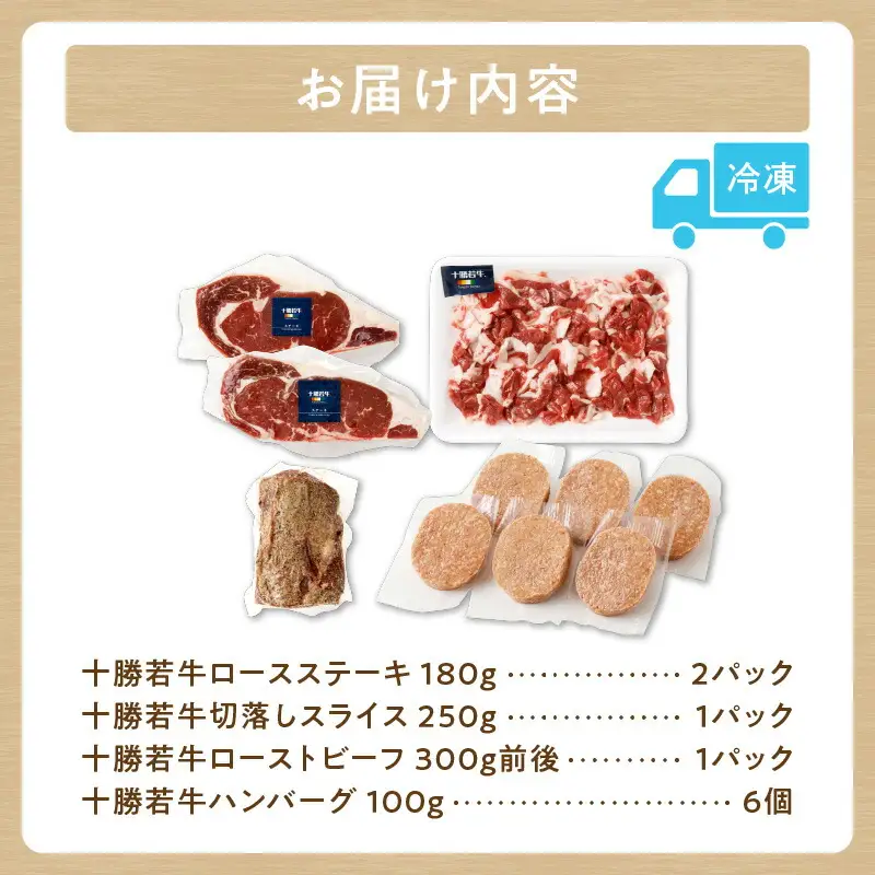 十勝若牛 厳選 セット 【 ヘルシー 低カロリー 牛肉 肉 赤身 豊かな旨味 ロースステーキ 切り落としスライス ローストビーフ ハンバーグ 牛肉サミット2012優勝 こだわり 贈り物 お取り寄せ ギフト お中元 お歳暮 のし 熨斗 北海道 清水町  】_S003-0015