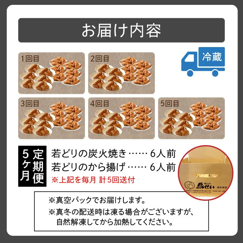 鳥せい本店 の 若どり 炭火焼き から揚げ セット５回便 【 大人数 各6人前 鶏肉 手羽 むね肉 もも肉 詰め合わせ 真空パック 冷蔵 職人技 お取り寄せ 北海道 清水町 】_S004-0016-20260623