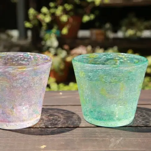 【ガラス工房雫】泡花口広カップ＜ヒルギ＆ランタナ＞2個セット