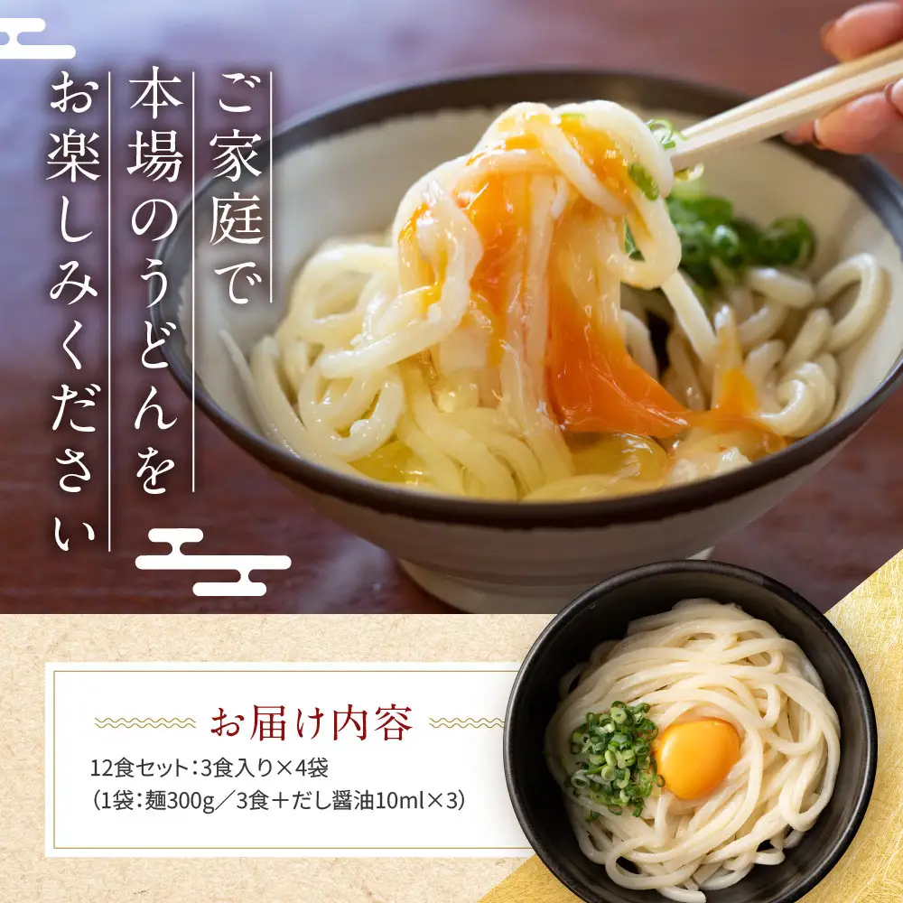 讃岐生うどん12食入（1袋3食入×4袋）＊鎌田醤油だし醤油付＊  池上製麺所監修！｜うどん