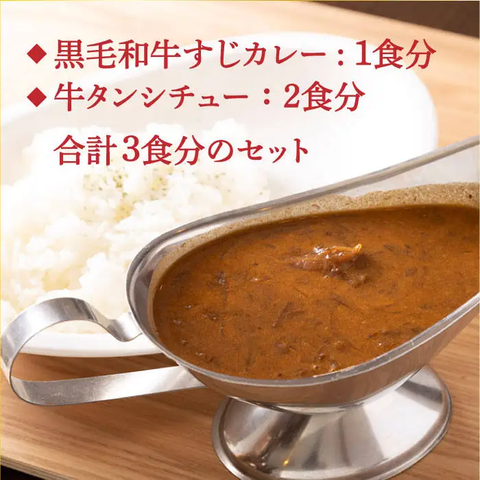 【全12回定期便】 黒毛和牛 牛すじカレー ＆ 牛タンシチュー 毎月3食 長与町/炭火焼肉あおい   [EBW009]  黒毛和牛 カレー かれー レトルト 牛タン 牛たん シチュー しちゅー 簡単 常温 定期便 定期 ていきびん