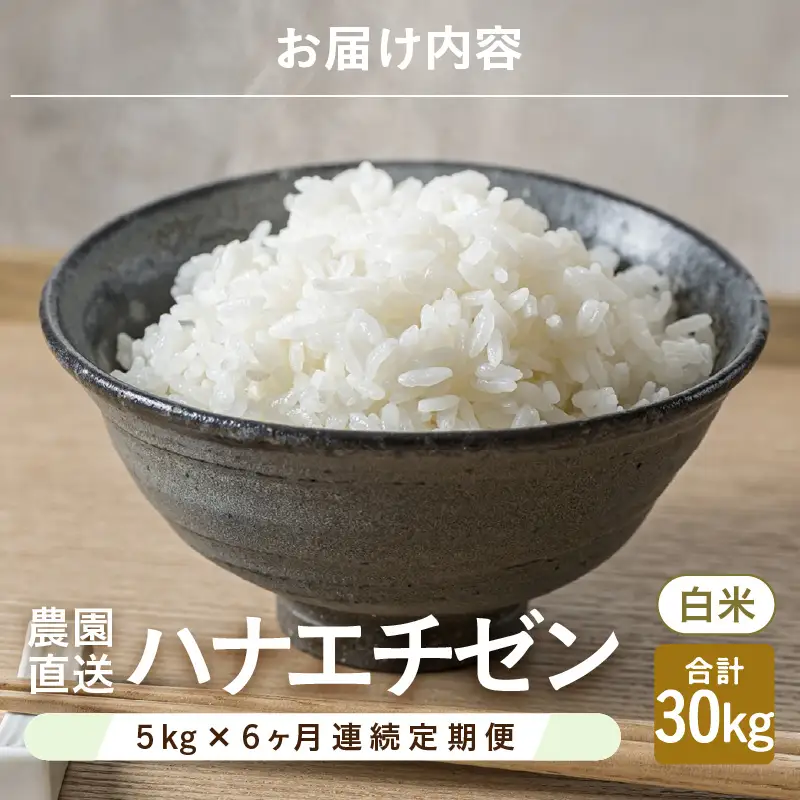 【先行予約】【令和8年産・新米】定期便 ≪6ヶ月連続お届け≫ ハナエチゼン5kg×6回 計30kg ～本原農園からまごころコメて～（白米）【2026年9月上旬以降順次発送予定】 [F-8910_01]