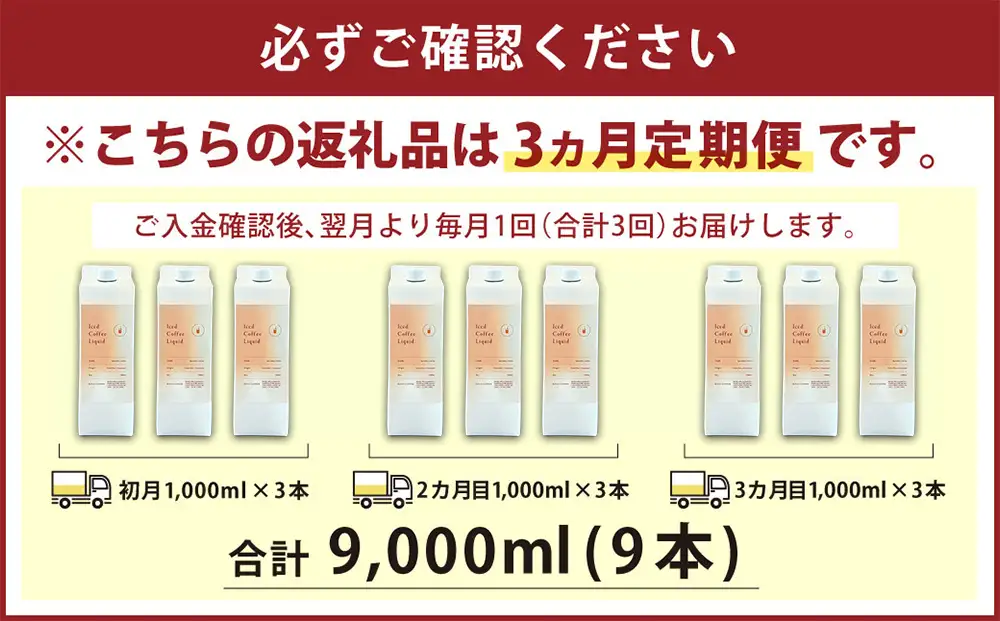 【3ヶ月定期便】アイスコーヒーリキッド 1000ml×3本入り×3回 合計9000ml 1L×3本入り×3回 合計9L | アイスコーヒー リキッド コーヒー 珈琲 スペシャリティコーヒー 無糖 無添加 紙パック 毎月 3本 セット 合計9本 送料無料