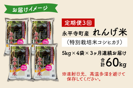【3ヶ月連続お届け】農薬不使用・化学肥料不使用 永平寺町産 れんげ米 20kg×3ヶ月（計60kg）[K-002015]