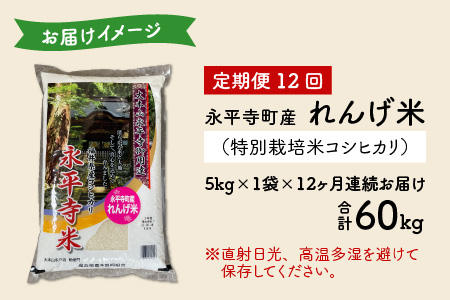 【12ヶ月連続お届け】農薬不使用・化学肥料不使用 永平寺町産 れんげ米 5kg×12ヶ月（計60kg）[K-002020]