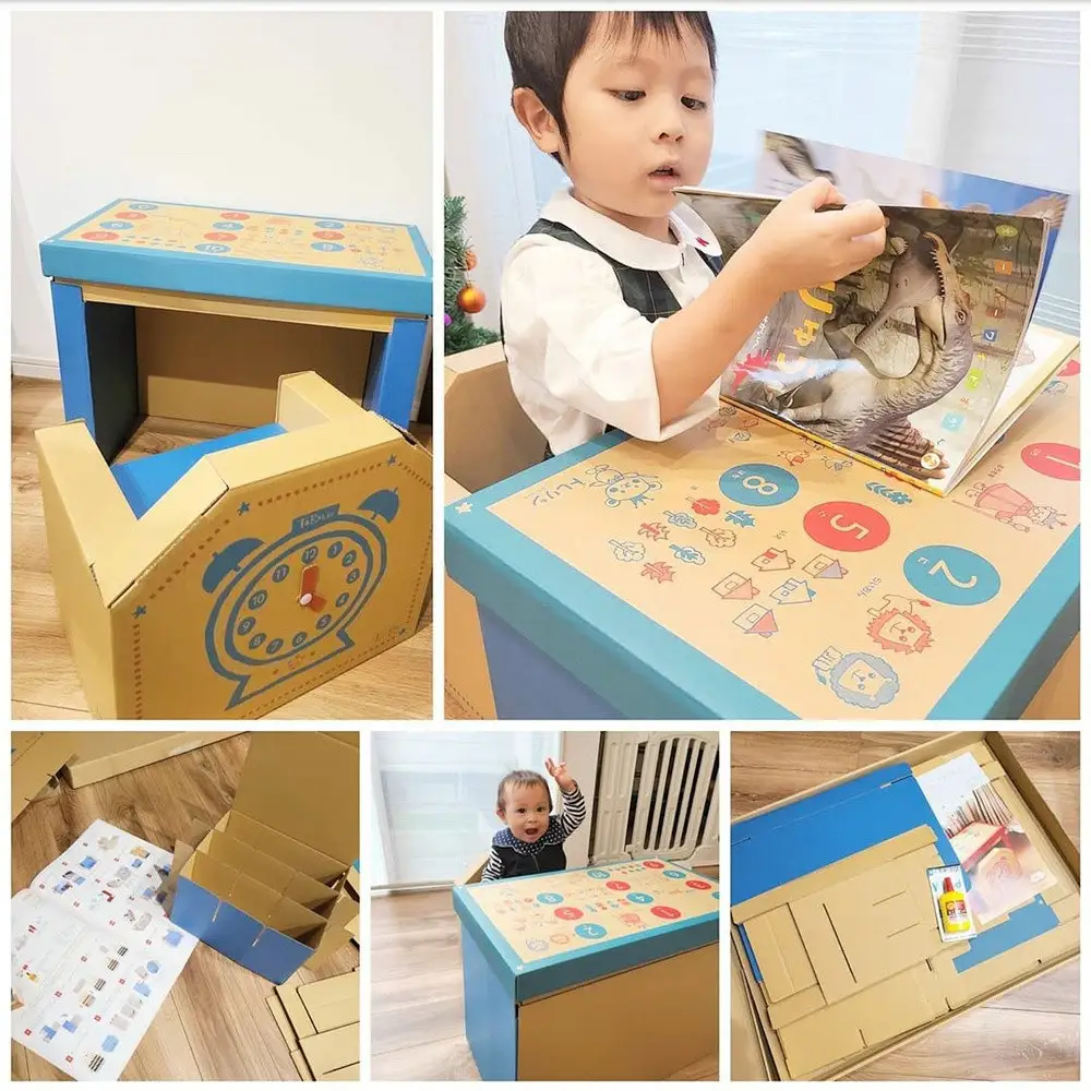 成長に合わせて使える段ボール家具　ジュニアデスクチェア&おうち型収納ボックス◇【青色セット】｜家具