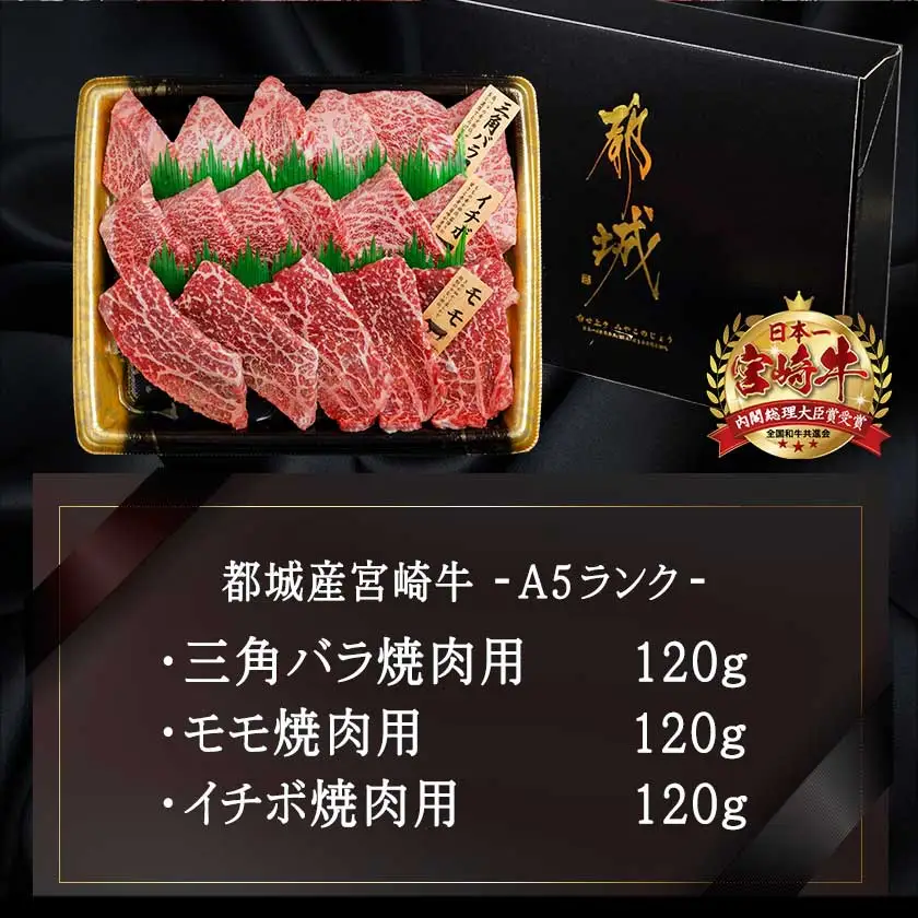 【A5】宮崎牛焼肉3種食べ比べセット【三角バラ・イチボ・モモ】〔AC-0110〕_(都城市) 都城産宮崎牛 A5 三角バラ焼肉用 モモ焼肉用 イチボ焼肉用 各120g 1トレー盛り合わせ 焼肉