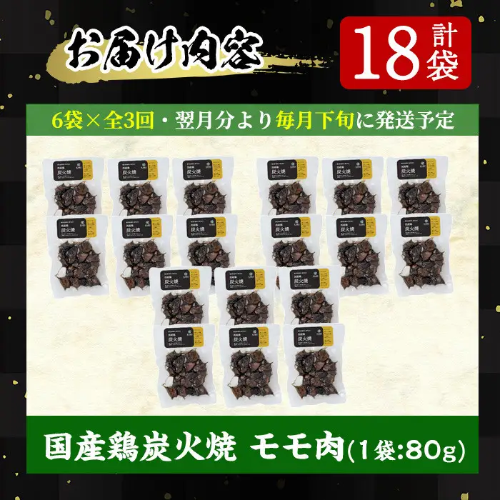 No.450 【毎月下旬に発送】＜定期便・計3回＞訳あり！簡易包装の国産鶏肉炭火焼(80g×6袋×3回) 国産 九州産 鶏肉 とり肉 お肉 炭火焼 レトルト 常温 常温保存 おかず おつまみ 定期便 頒布会【末永商店】