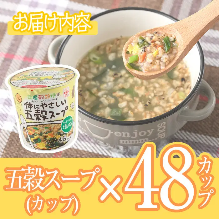 No.518 あっさり和風塩味♪カップ体にやさしい五穀スープ(13g×48個)国産 鹿児島 日置市 特産品 特産 インスタント 常備食 低カロリー ヘルシー 健康 玄米 黒豆 もち粟 もちきび 小豆 簡単調理 朝ごはん 夜食 手軽 1人暮らし【ヒガシマル】
