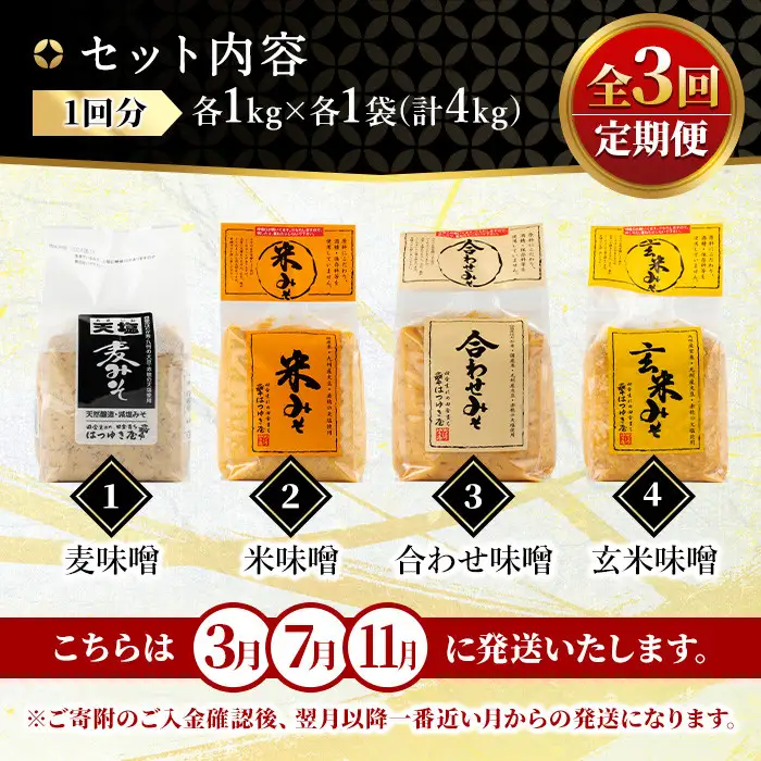 定期便 全3回(3月7月11月に発送) 味噌 詰合せ 4種×各1kg×3回 合計12kg 麦みそ 合わせみそ 玄米みそ 米みそ 国産  保存料・酒精等無添加 調味料 【はつゆき屋】No.821 