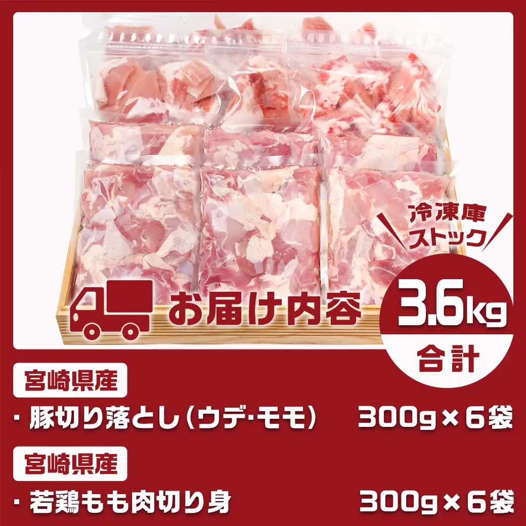 宮崎県産豚切り落とし&宮崎県産若鶏もも肉カット済3.6kgセット〔MJ-9227〕_(都城市) 宮崎県産 豚肉 切り落とし ウデ モモ 若鶏もも肉切り身 鶏肉 真空パック
