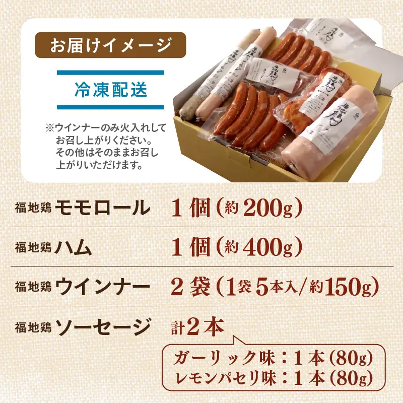 福井ブランド「福地鶏」詰め合わせ 5種 ＜燻製モモ・ハム・ウインナー・ソーセージが色々楽しめるお肉セット＞ ／ 鶏肉 チキン おつまみ 朝食 アウトドア ギフト 贈答 [aw036-a011]