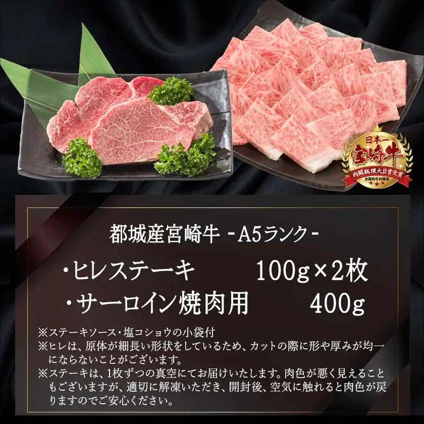 A5 宮崎牛 ヒレステーキ&サーロイン焼肉用〔AF-0109〕_(都城市) 都城産宮崎牛 A5ランク ヒレステーキ 100g×2枚 サーロイン焼肉用 400g ギフト 贈答用