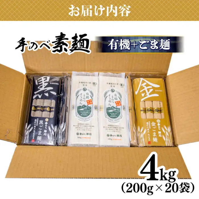 【手のべ陣川：ふるさと納税返礼品での限定商品】島原有機 手延べ そうめんand手延べ ごま麺 詰合せ 4kg / TA-100  / 南島原市 / ながいけ [SCH029]