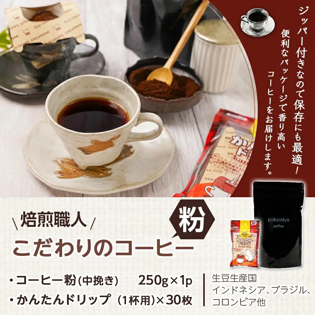 焙煎職人こだわりのコーヒー【粉】250g 小分けパック(ジッパー・バルブ付) 中深煎り※ポスト投函≪かんたんドリップ30枚付≫〔LB-3301〕_(都城市) 保存に便利 珈琲