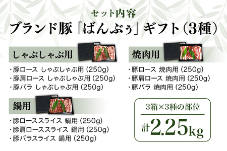 ブランド豚「ばんぶぅ」化粧箱入りギフト 3種（しゃぶしゃぶ用、焼肉用、鍋用）計2.25kg 冷凍便 約2kg 約2キロ たっぷり 豚肉 豚ロース 豚肩ロース 豚バラ肉 豚ばら肉 スライス うす切り 薄切り 豚しゃぶ 焼き肉 お鍋 ぶた肉 ブタ肉 国産 茨城県産 プレゼント 贈り物 贈答品 お祝い 42-AW