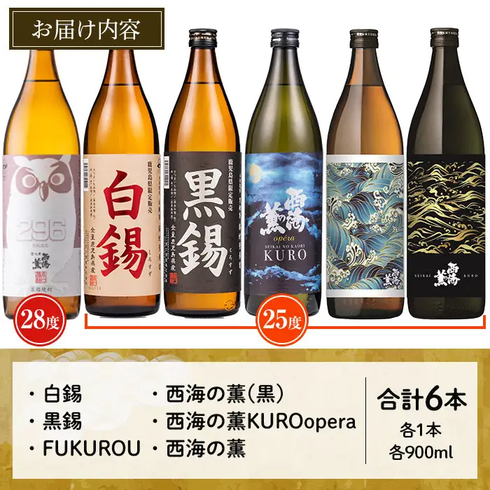 No.974 ＜本格芋焼酎＞南国酒造・“お湯割専用”「FUKUROU（ふくろう）」入り芋焼酎飲み比べ6本セット　小(各900ml・合計6本) 鹿児島 九州 酒 芋 焼酎 いも焼酎 地酒 薩摩芋 さつま芋 お湯割り アルコール 飲み比べ セット
