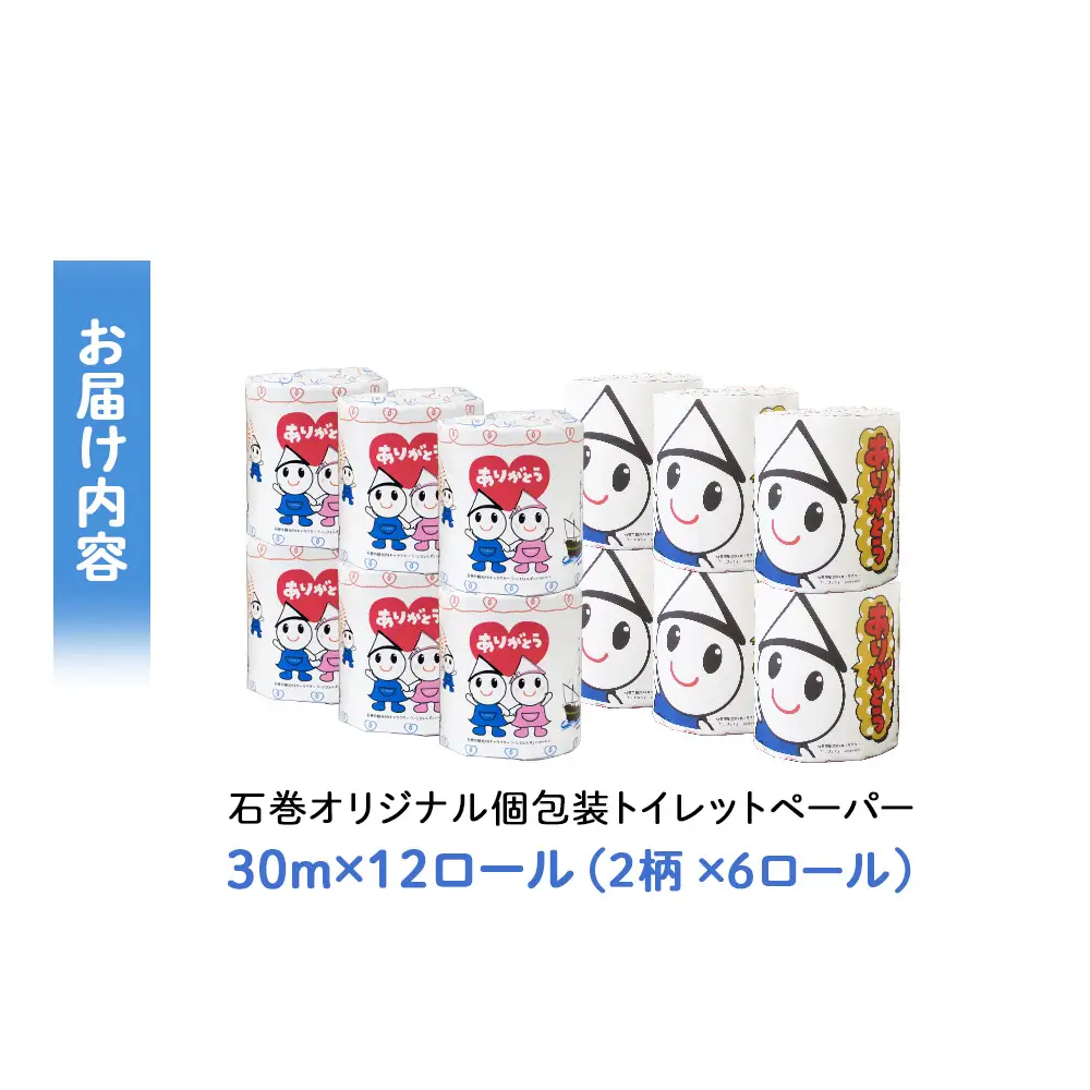 個包装 石巻オリジナル トイレットペーパー 12ロール（2柄×6）ダブル 国産 無香料 ティッシュペーパー トイレ用品 ストック 日用品 消耗品 生活用品 新生活 必需品 備蓄 防災 非常用 グッズ 贈り物 宮城県 石巻市 いしぴょん ゆるキャラ ご当地キャラ 14日以内