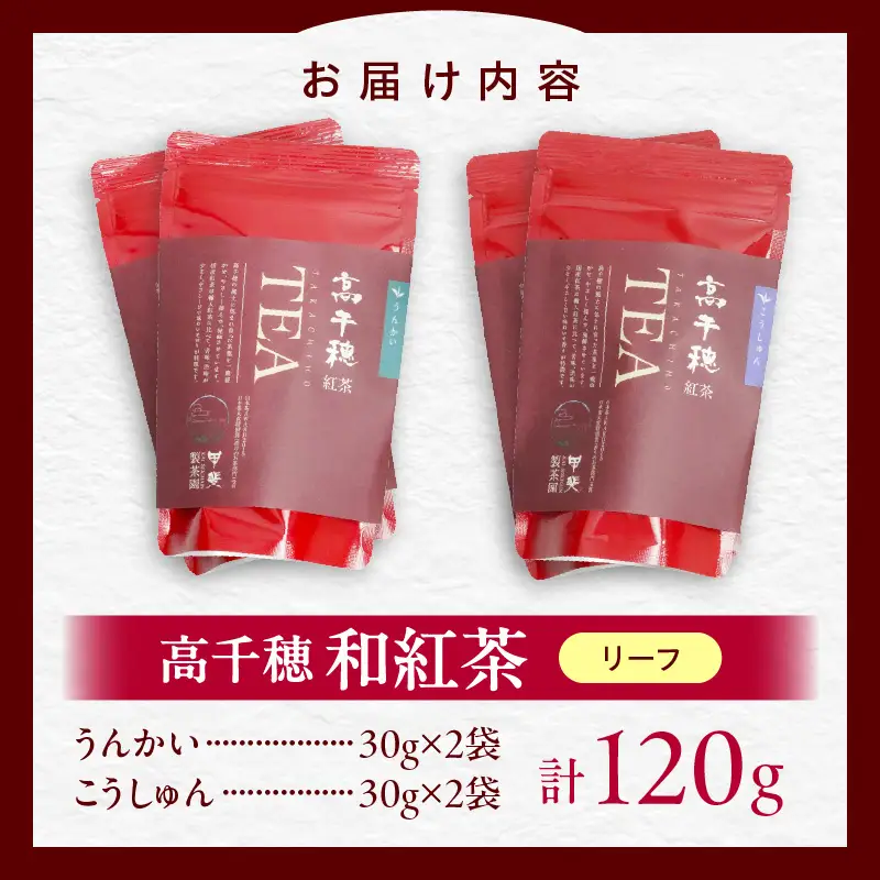 【和紅茶】高千穂紅茶（リーフ）2種4袋セット うんかい30g×2袋＆こうしゅん30g×2袋 国産 紅茶 お茶 うんかい こうしゅん 茶葉 和紅茶 飲み物 ティータイム 独特の旨味 やさしい セット 宮崎県 高千穂町 _Tk025-004
