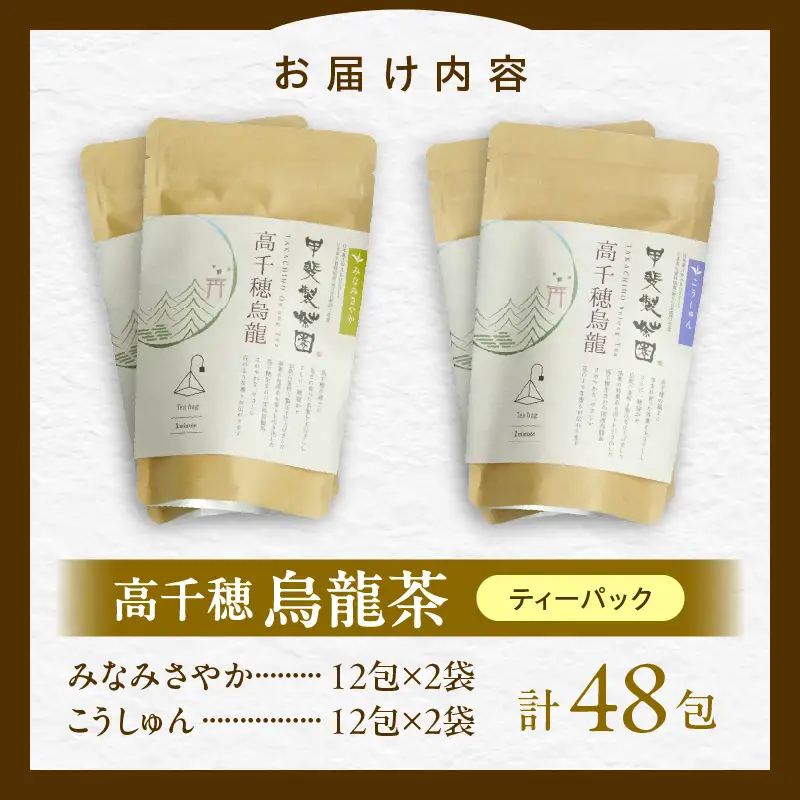 【国産烏龍茶】高千穂烏龍（ティーパック）2種4袋セット みなみさやか12包×2袋＆こうしゅん12包×2袋 国産 烏龍茶 お茶 みなみさやか こうしゅん 茶葉 ティーパック 飲み物 ティータイム さわやかな やさしい セット 宮崎県 高千穂町 _Tk025-005