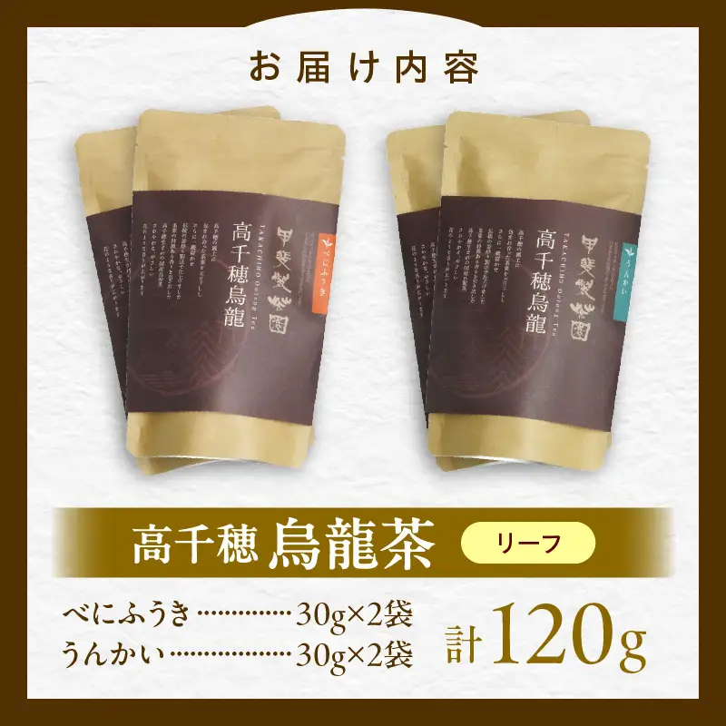 【国産烏龍茶】高千穂烏龍（リーフ）2種4袋セット べにふうき30g×2袋＆うんかい30g×2袋 国産 烏龍茶 お茶 べにふうき うんかい 茶葉 飲み物 ティータイム フルーティーな香り セット 宮崎県 高千穂町 _Tk025-006