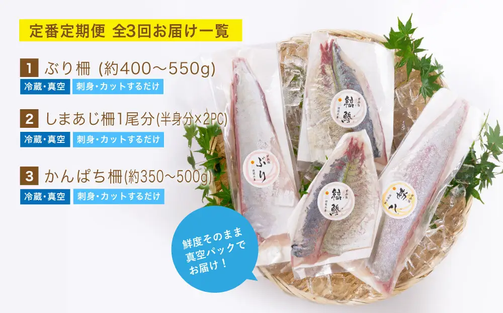 【北海道・離島配送不可】＜定期便・全3回(連続)＞旬の鮮魚(3ヶ月コース)お刺身   海鮮  真空パック 【UZ-01】【請関水産】
