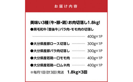 毎月お届け！美味い3種お肉切落し1.8kg!!定期便/計3回発送_2166R