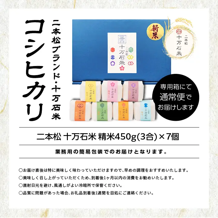 米 令和7年産 コシヒカリ 二本松十万石米 精米450g(3合)×7袋【株式会社Y&Tカンパニー】
