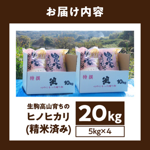生駒高山育ちの　ヒノヒカリ米20kg（5kg×4）(生産者　上武猛)　令和7年産　生駒高山育ち 生産者 上武猛 おいしい お米 米 健康 栄養 ご飯 おにぎり 人気 おすすめ お取り寄せ おすそ分け ライス 備蓄米 送料無料